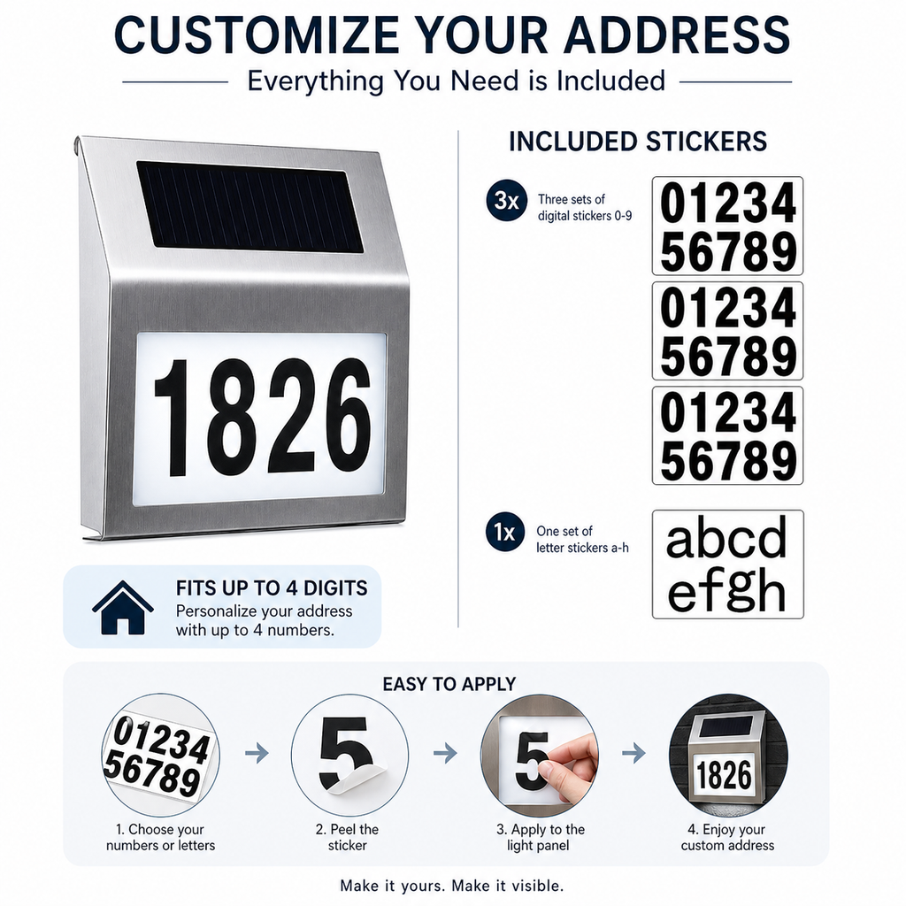 Solar LED Address Sign – Stainless Steel House Number Light with White LEDs, Waterproof, Customizable Numbers & Letters, Auto On/Off, 7.86 x 7.07 Inches