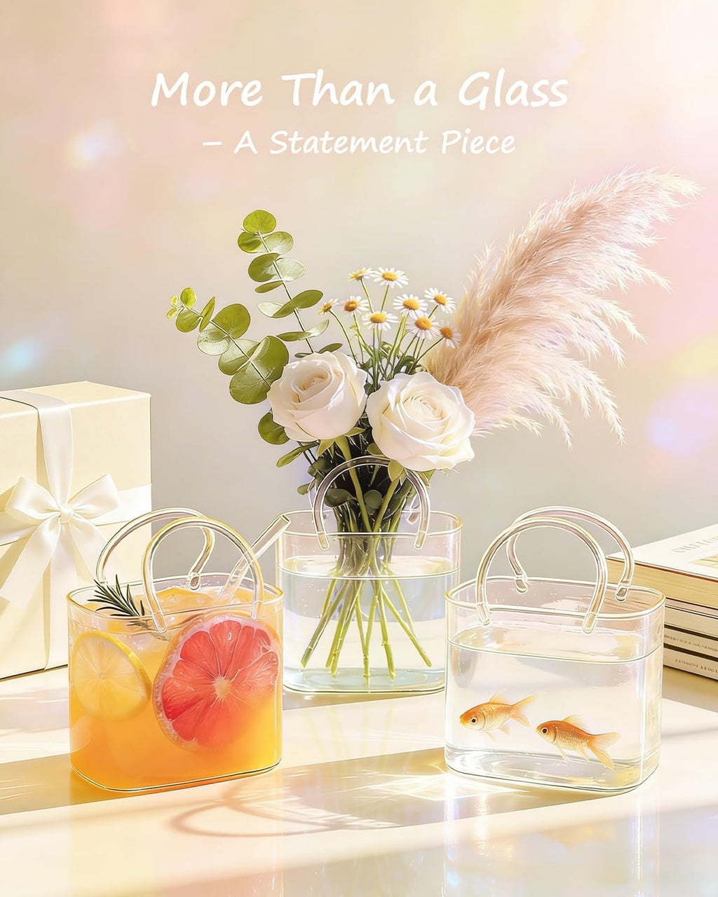 Purse Drinking Glass, Glass Purse for Drinks, Unique Wine Glasses with Straw, Decorative Fish Bowl Vase with Straw