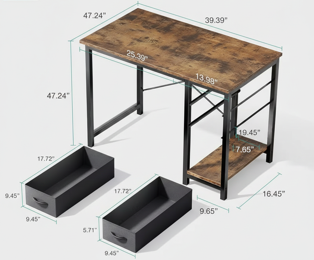 40/47" Computer Desk with Fabric Storage Drawers