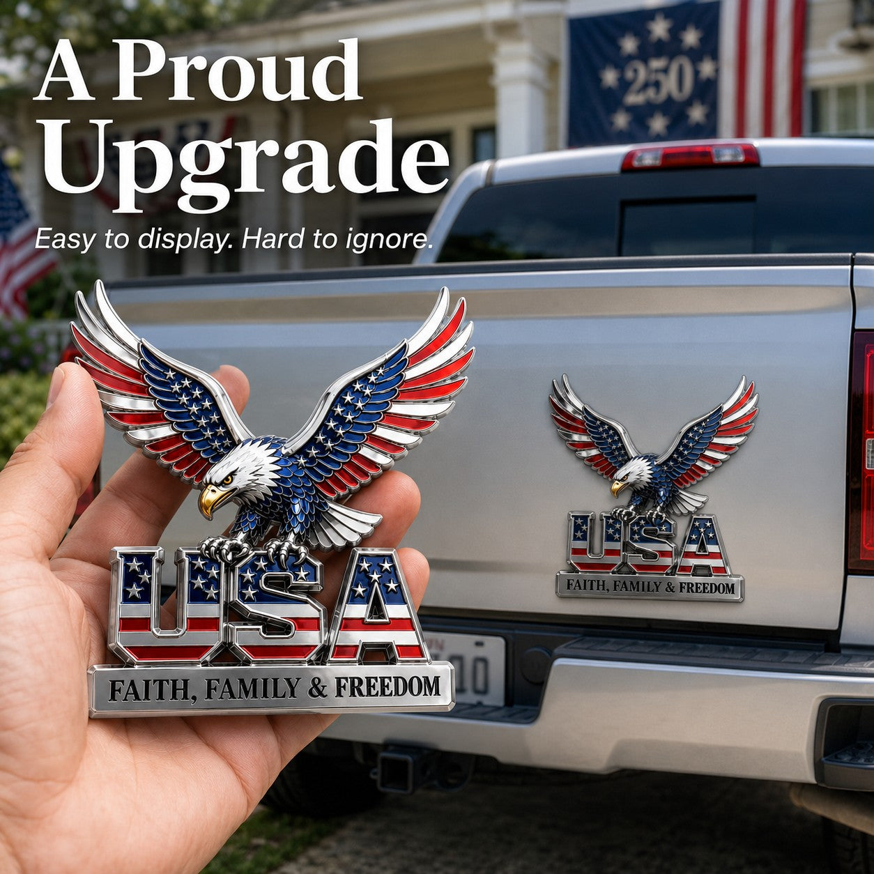 USA 250th Anniversary Metal Emblem – Faith, Family & Freedom Patriotic Decor