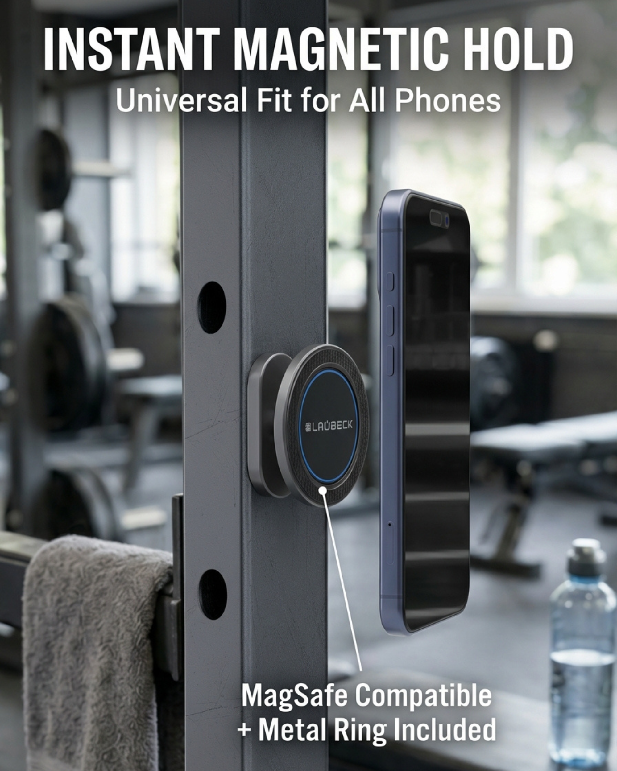 All-Metal Magnetic Gym Phone Holder for MagSafe and Android | Industrial N54 Magnets | Rock-Solid Mount for Squat Racks & Metal Gym Equipment | 360° Adjustable | Includes Metal Ring