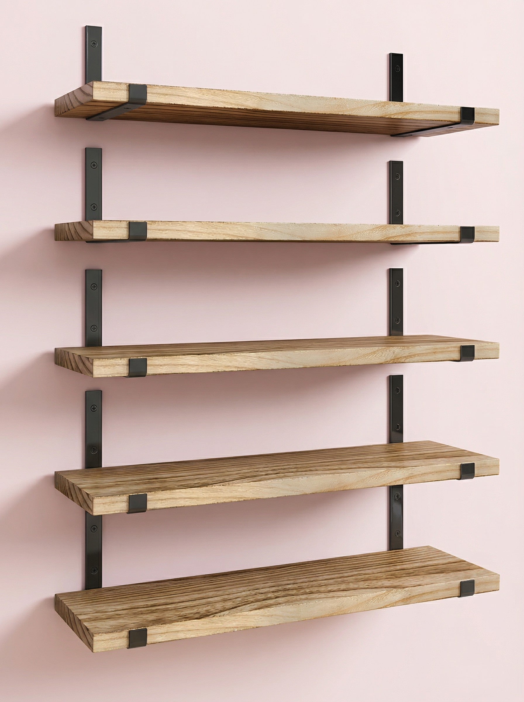 Rustic Wood Floating Wall Shelves with Metal Brackets