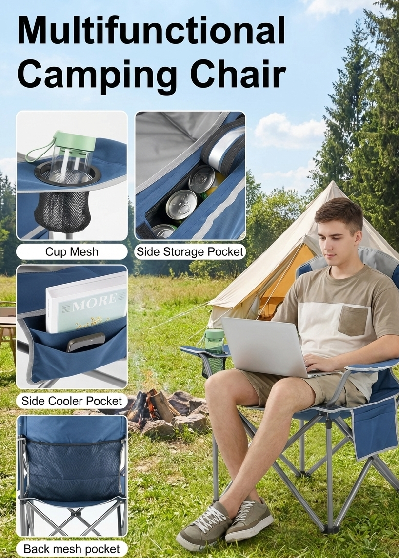 500 lbs Heavy Duty Folding Camping Chair with Cup Holder & Cooler Bag
