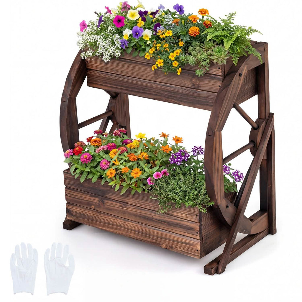 2-tier Raised Garden Bed Rustic Wood Wagon Planter with Drainage Holes and Semi-wheels