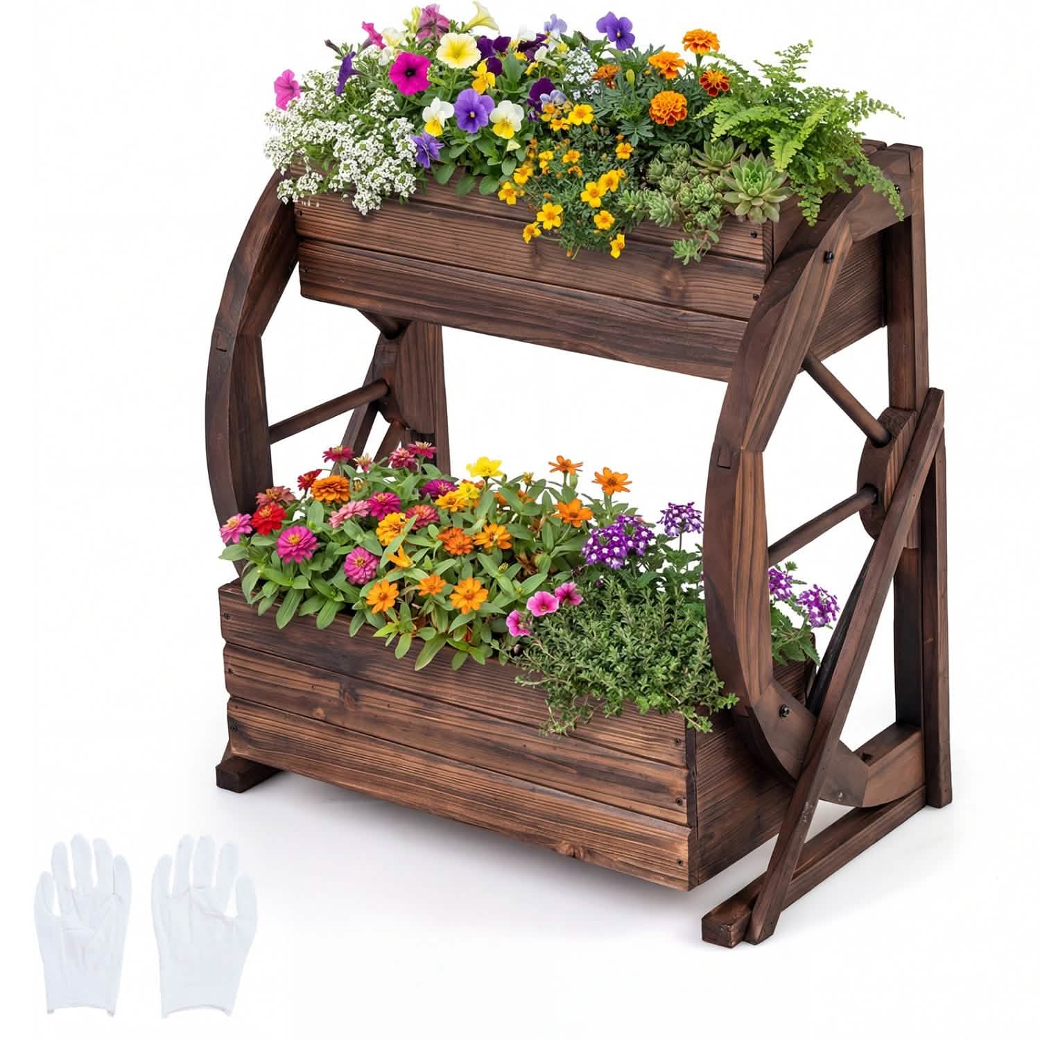 2-tier Raised Garden Bed Rustic Wood Wagon Planter with Drainage Holes and Semi-wheels