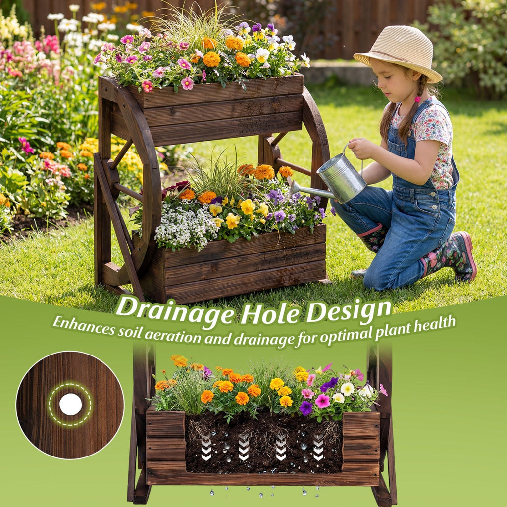 2-tier Raised Garden Bed Rustic Wood Wagon Planter with Drainage Holes and Semi-wheels