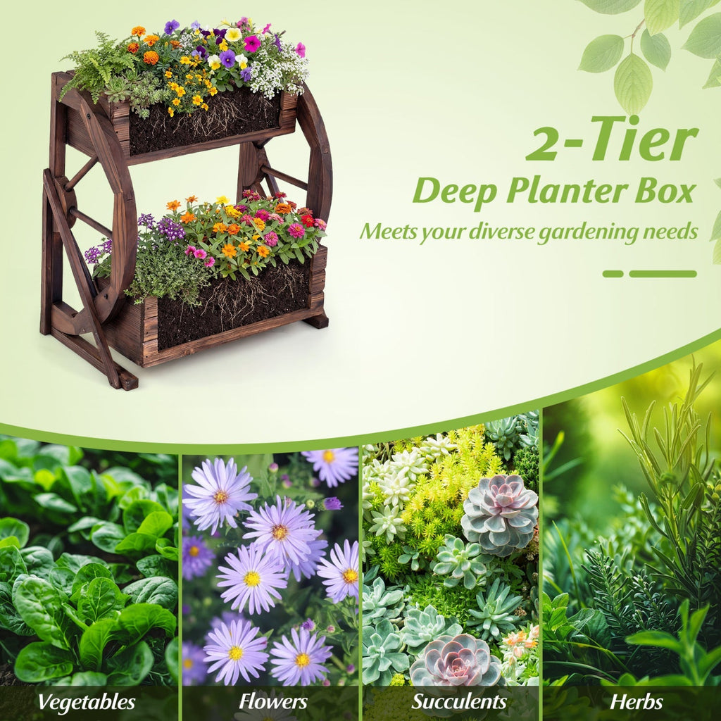2-tier Raised Garden Bed Rustic Wood Wagon Planter with Drainage Holes and Semi-wheels
