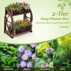 2-tier Raised Garden Bed Rustic Wood Wagon Planter with Drainage Holes and Semi-wheels