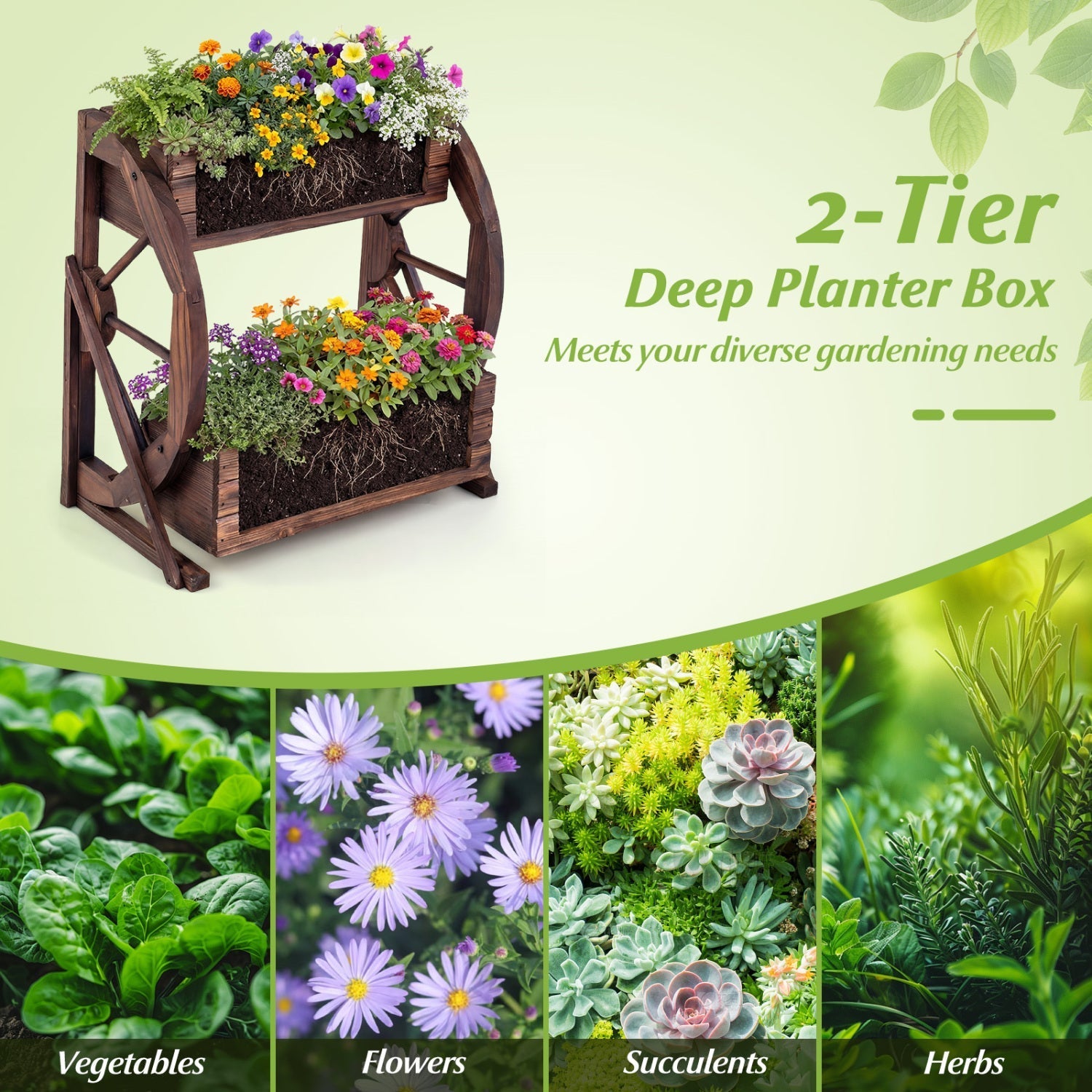 2-tier Raised Garden Bed Rustic Wood Wagon Planter with Drainage Holes and Semi-wheels