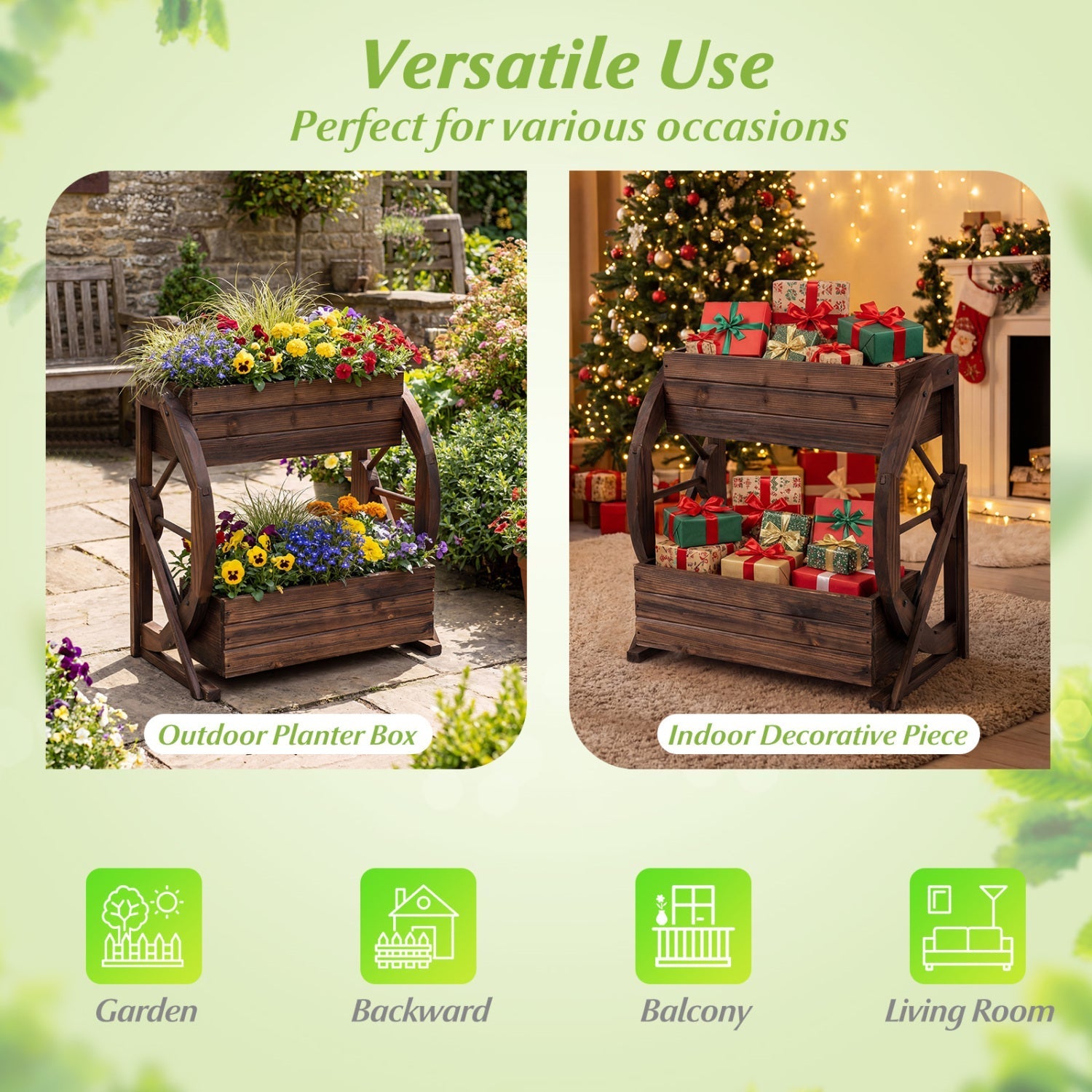 2-tier Raised Garden Bed Rustic Wood Wagon Planter with Drainage Holes and Semi-wheels
