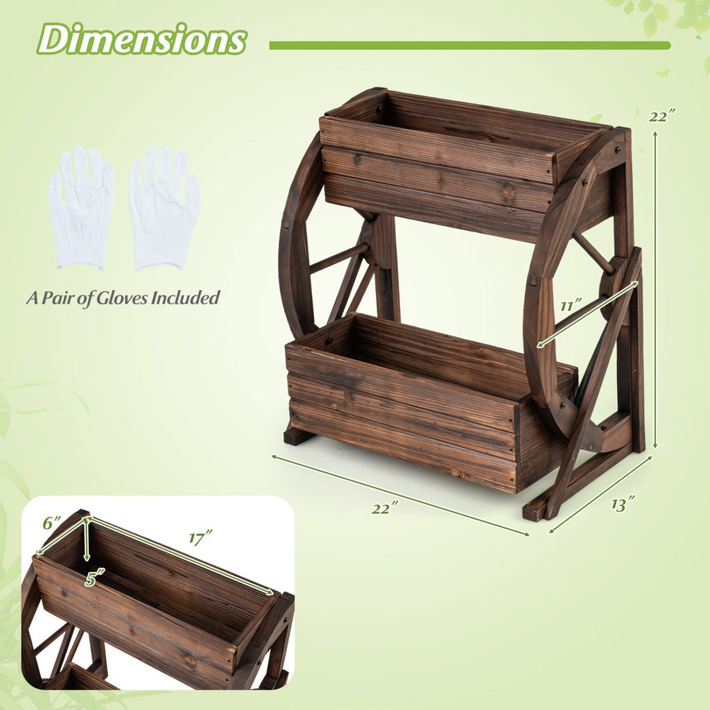 2-tier Raised Garden Bed Rustic Wood Wagon Planter with Drainage Holes and Semi-wheels