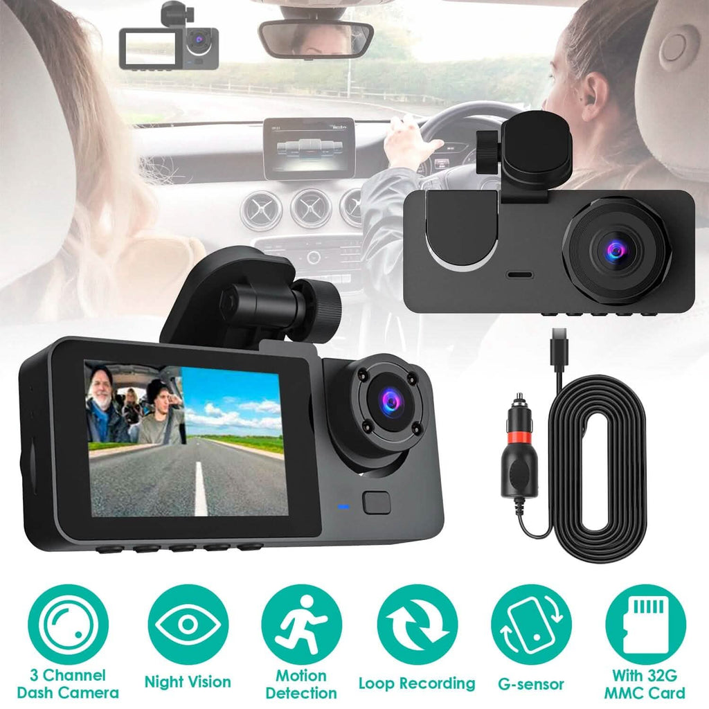 3 Channel Dash Cam Front Inside Rear Vehicle Driving Recorder Car DVR