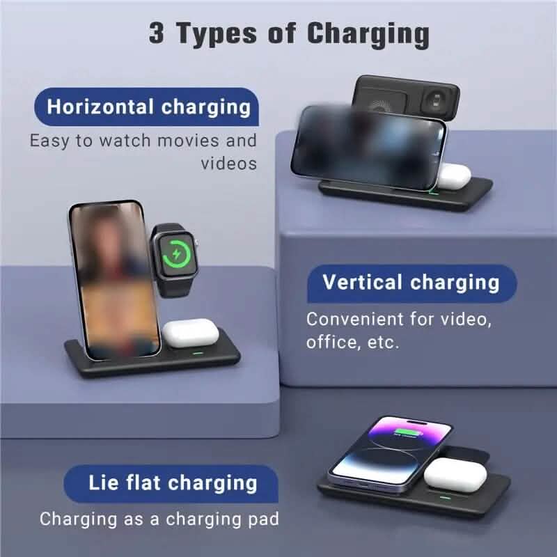 3-in-1 Wireless Charger Qi Fast 15W Charging Stand Pad