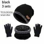 3-Piece Set: Black Knit Hats Warm Beanies Winter Neck Gaiter Elastic Gloves
