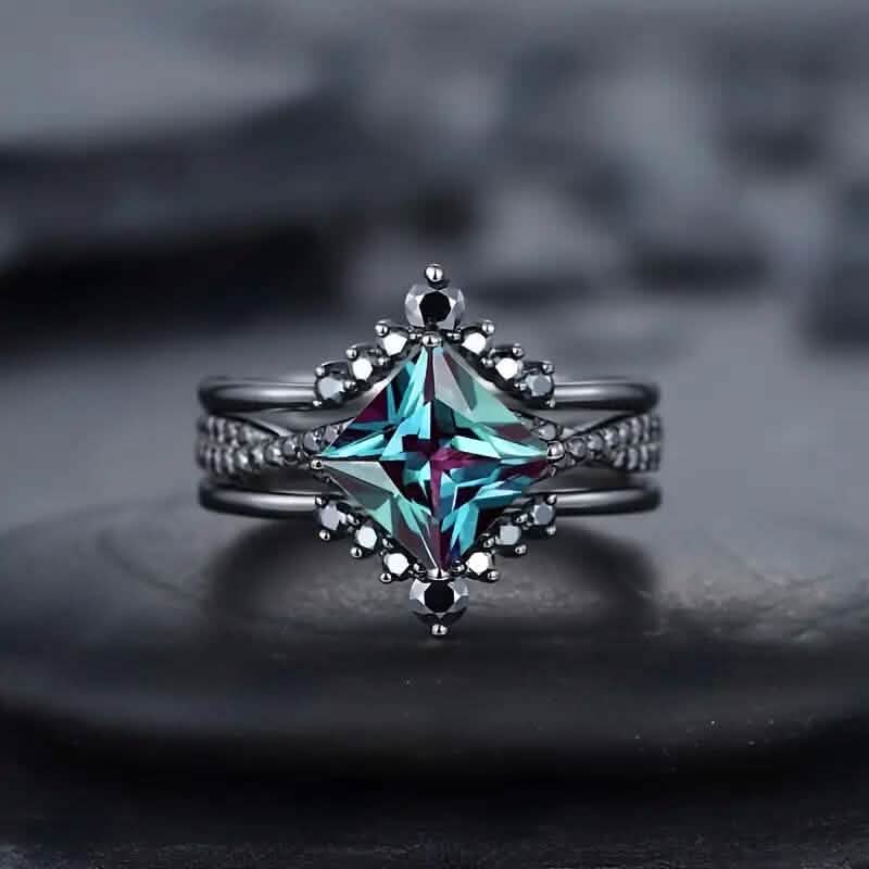 3-Piece Set: Black Square Faux Blue Zirconia Retro Luxury Ring