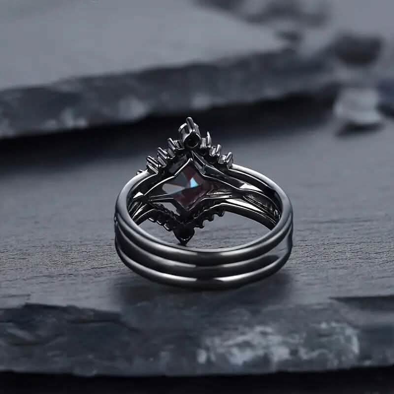 3-Piece Set: Black Square Faux Blue Zirconia Retro Luxury Ring