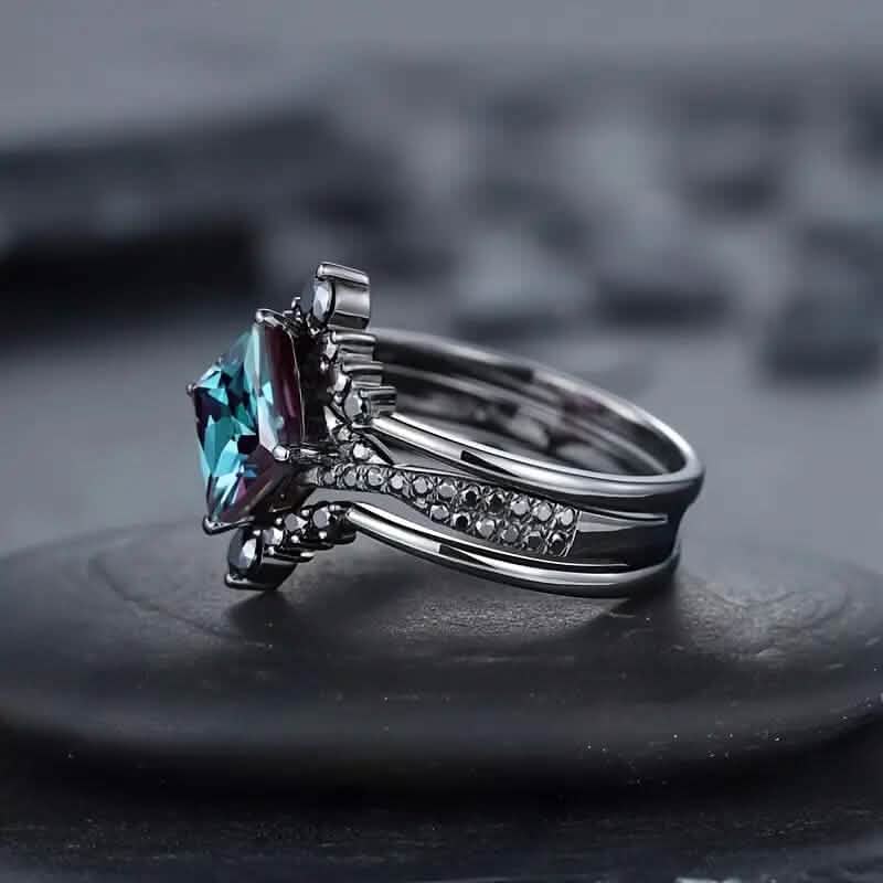 3-Piece Set: Black Square Faux Blue Zirconia Retro Luxury Ring