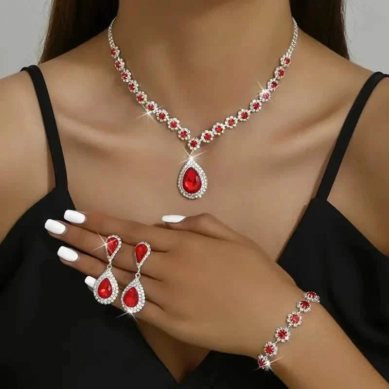 3-Piece Set: Elegant Bridal Jewelry Set - Rhinestone-Encrusted Earrings, Necklace & Bracelet Combo