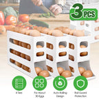 3-Pieces: 4-Tiers Egg Holder Auto Rolling Fridge Egg Organizer