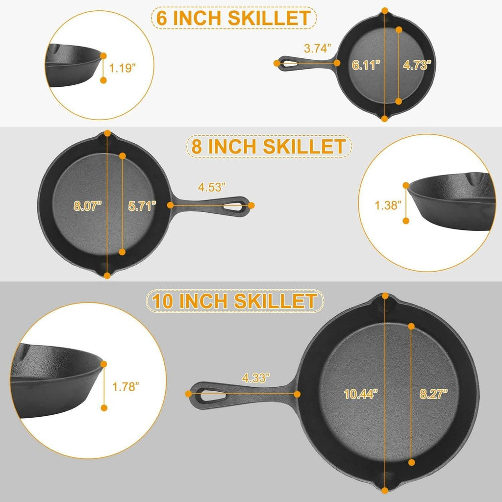 3-Pieces: Pre-Seasoned Cast Iron Skillet