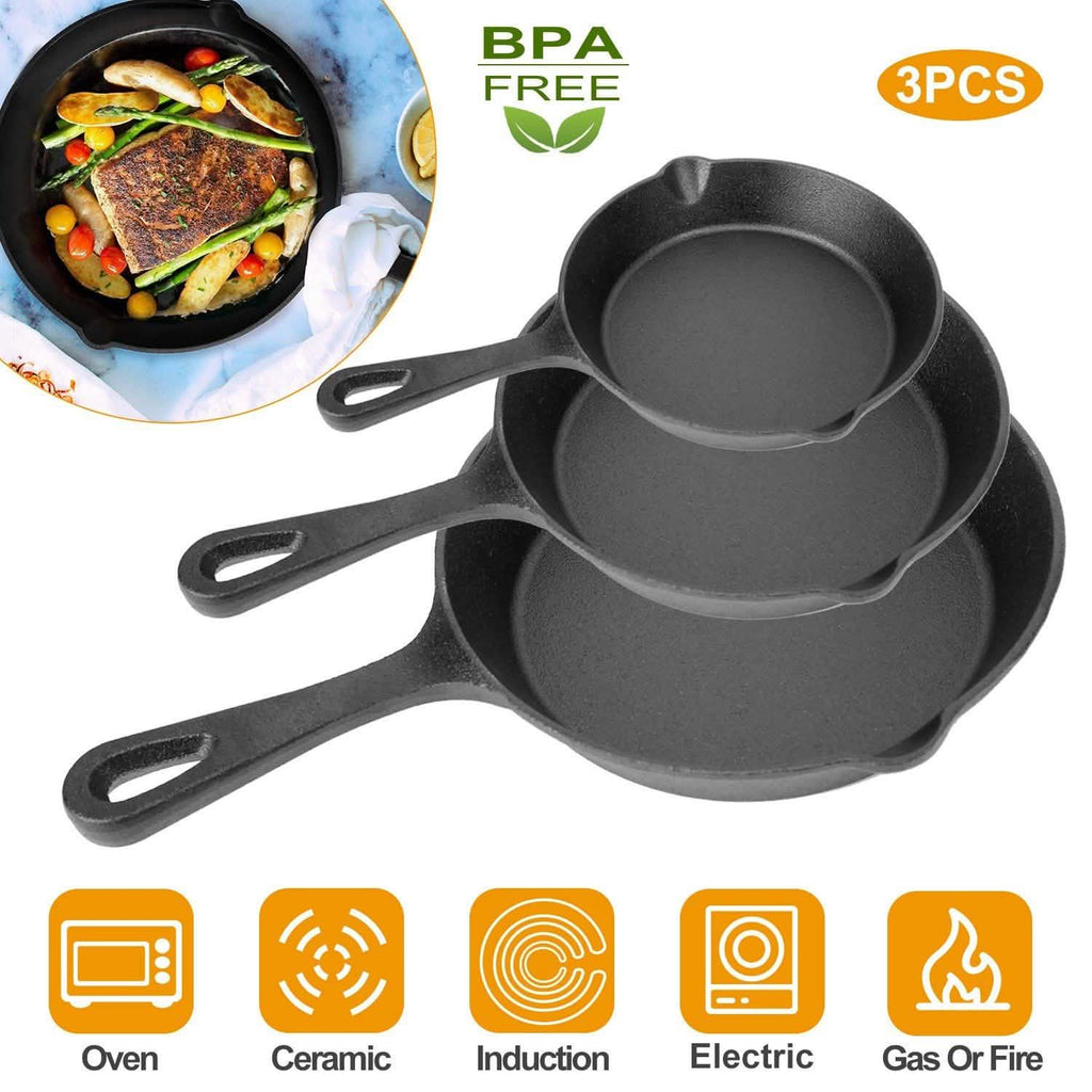 3-Pieces: Pre-Seasoned Cast Iron Skillet
