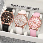 3-Pieces: Roman Quartz Women's Watches - Fashionable Round Dial with Faux Leather Strap