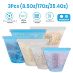 3-Pieces: Silicone Food Storage Bags Reusable Leakproof Food Container Set with 3 Seals