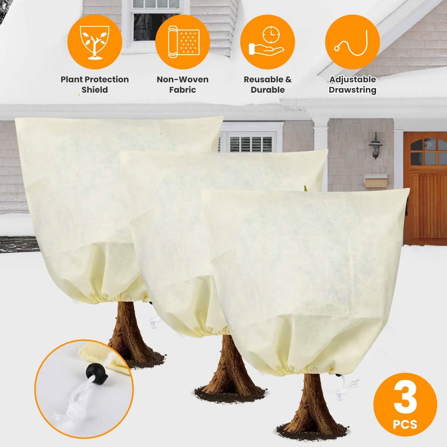 3-Pieces: Winter Plant Cover Bags with Drawstring