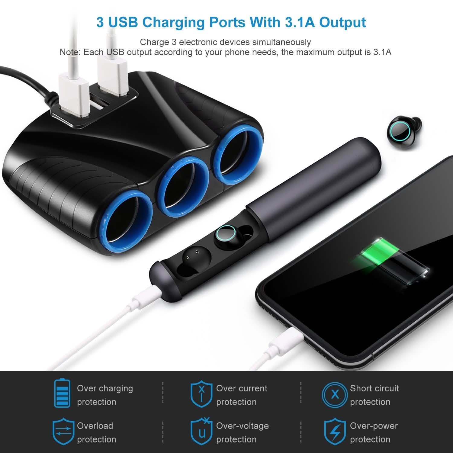 3-Socket Car Cigarette Lighter Splitter