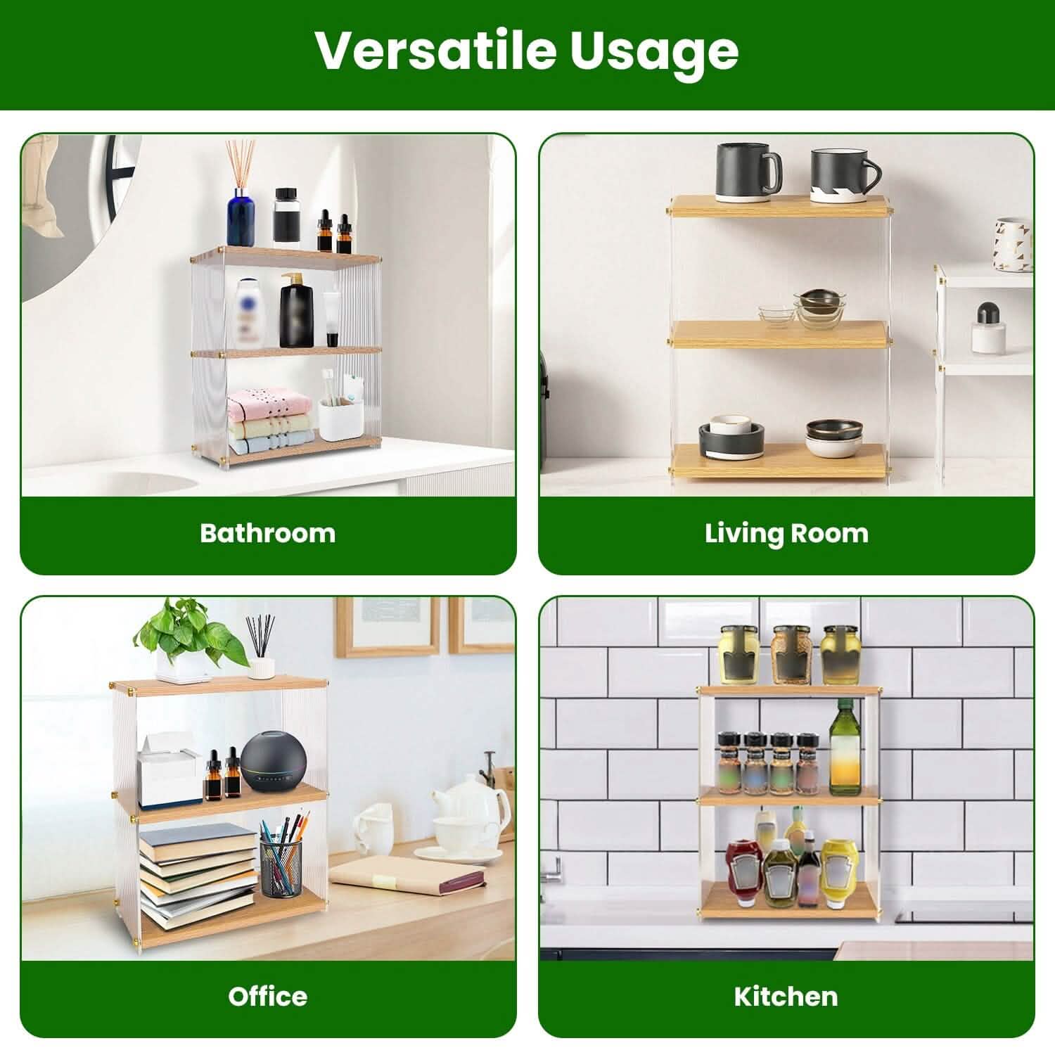 3-Tier: Acrylic Countertop Organizer Bathroom Wood Counter Storage