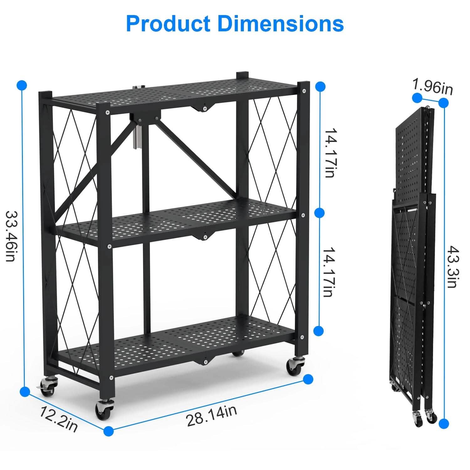 3-Tier Foldable Storage Shelf with Lockable Wheels No Assembly
