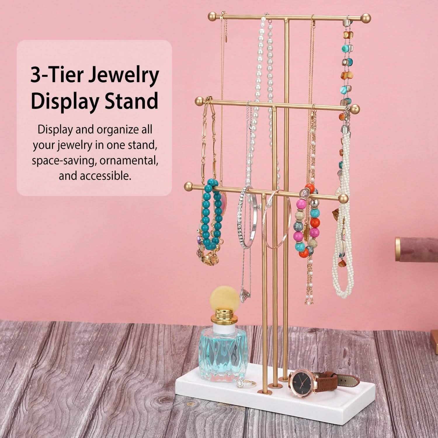3-Tier Gold Metal Tabletop Jewelry Tree Stand
