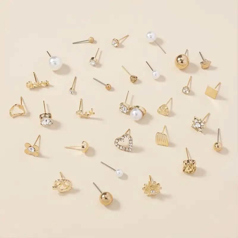 30-Pairs: Alloy Full Rhinestones Love Round Faux Pearl Letter Stud Earrings Set