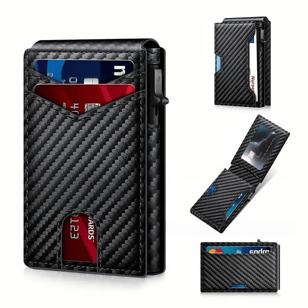 Premium Aluminum RFID Blocking Minimalist Wallet for Men – Pop-Up Quick Access Card Holder with ID Window