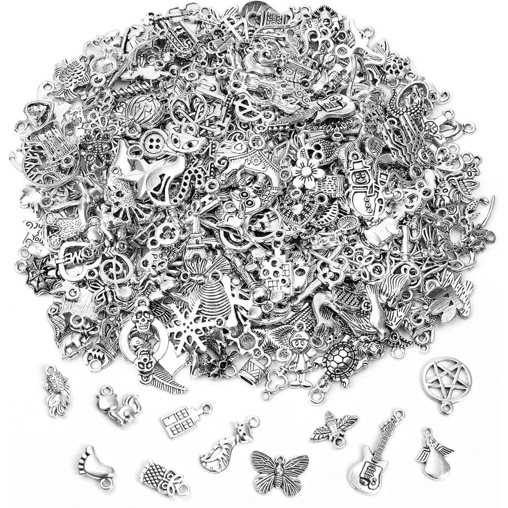50-Pieces: Silver Charms for Jewelry Making Wholesale Bulk Tibetan Silver Charm Pendants for DIY Necklace Bracelet Earring Craft Supplies