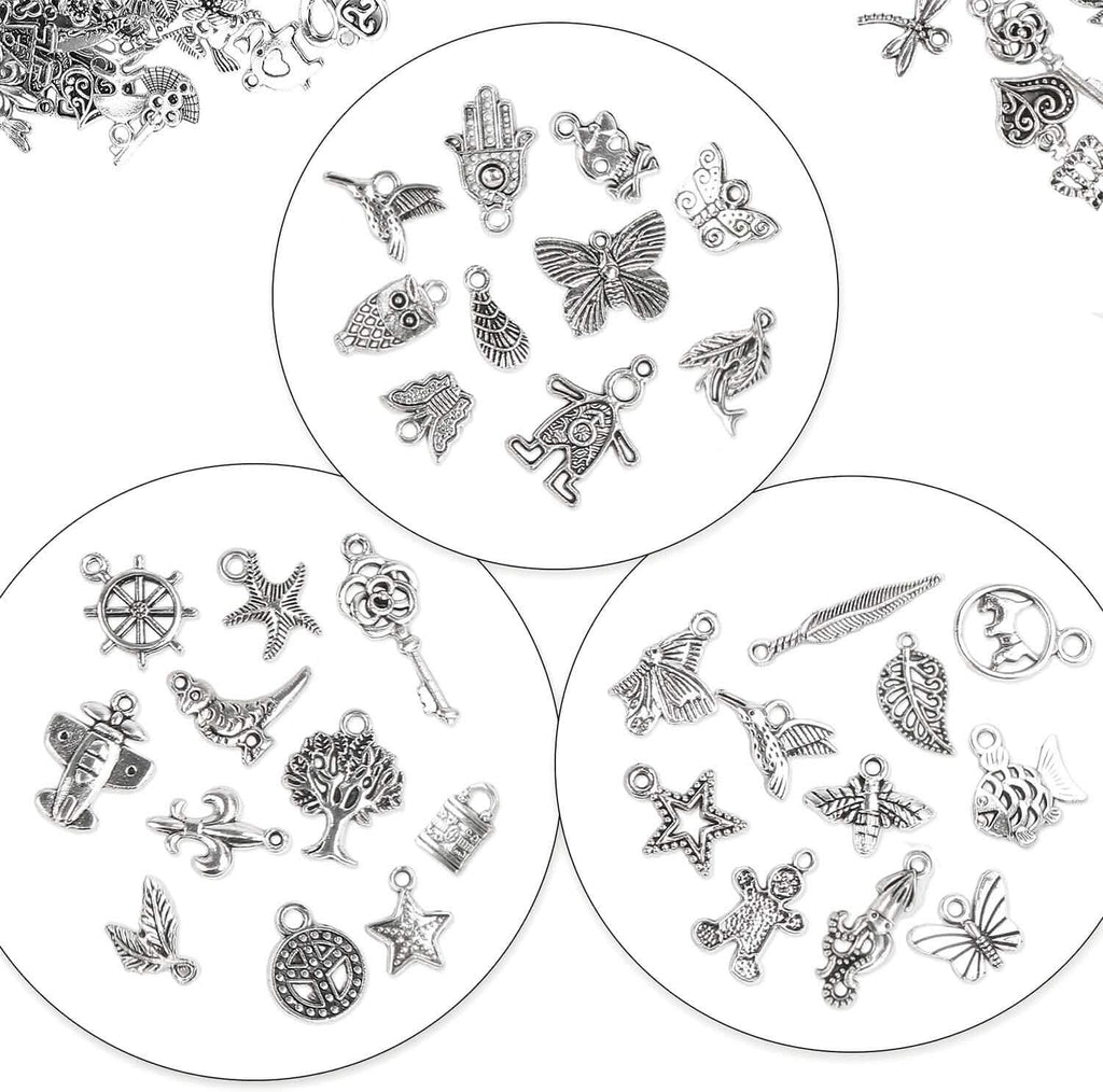 50-Pieces: Silver Charms for Jewelry Making Wholesale Bulk Tibetan Silver Charm Pendants for DIY Necklace Bracelet Earring Craft Supplies