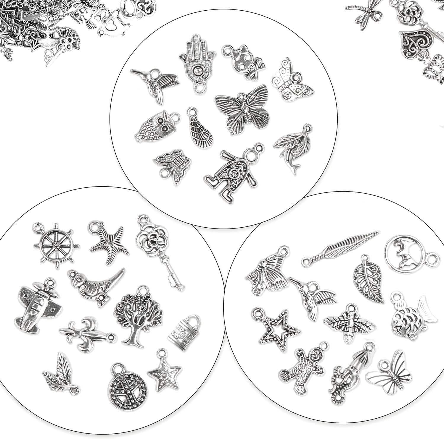 50-Pieces: Silver Charms for Jewelry Making Wholesale Bulk Tibetan Silver Charm Pendants for DIY Necklace Bracelet Earring Craft Supplies