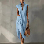 Women’s Cotton-Linen Sleeveless Solid-Color Shirt Dress
