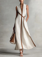 Women's Color Block Sleeveless Stand Collar Linen Blend Dress