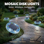 Mosaic Solar Disk Lights, Waterproof LED Outdoor In‑Ground Tabletop Lighting