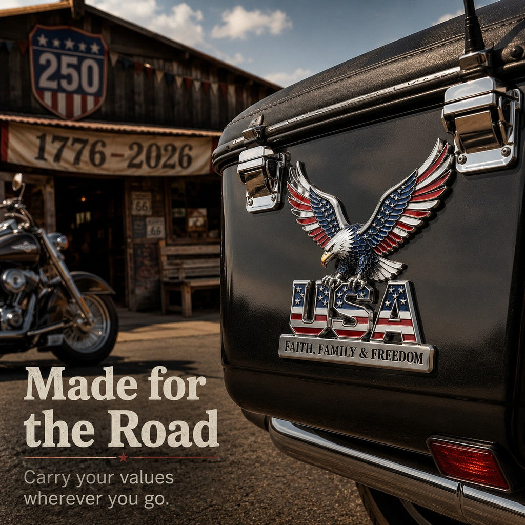 USA 250th Anniversary Metal Emblem – Faith, Family & Freedom Patriotic Decor