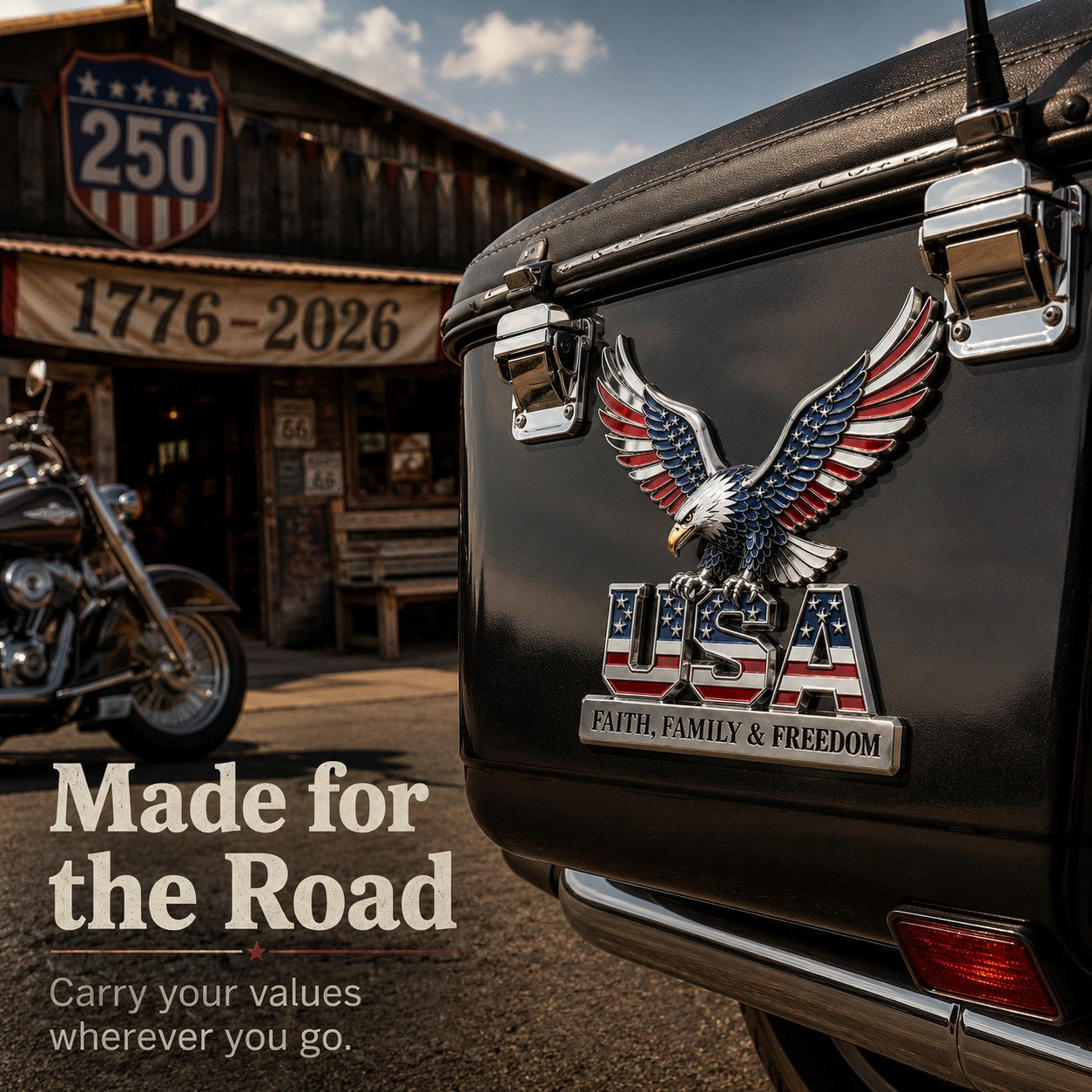 USA 250th Anniversary Metal Emblem – Faith, Family & Freedom Patriotic Decor