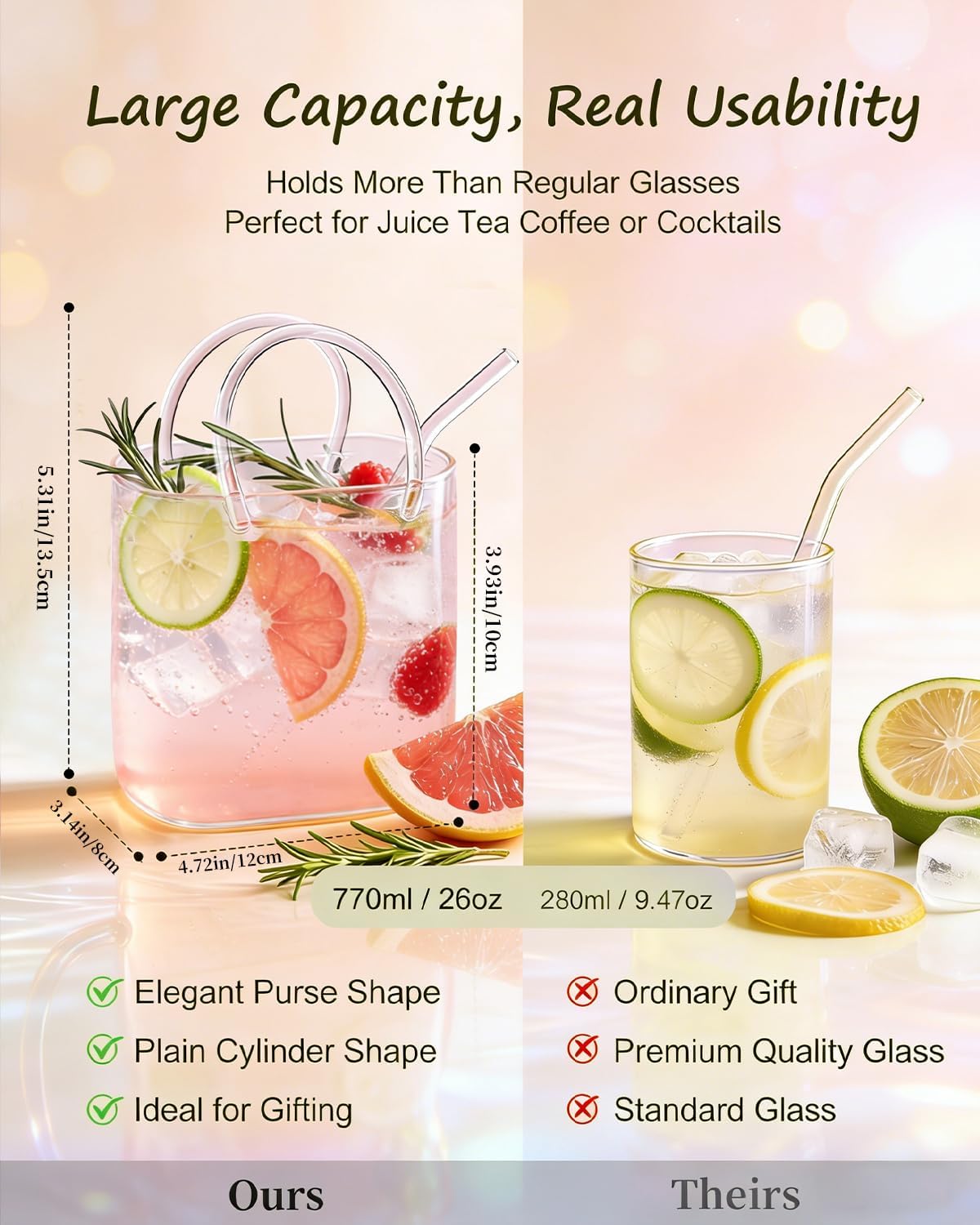 Purse Drinking Glass, Glass Purse for Drinks, Unique Wine Glasses with Straw, Decorative Fish Bowl Vase with Straw