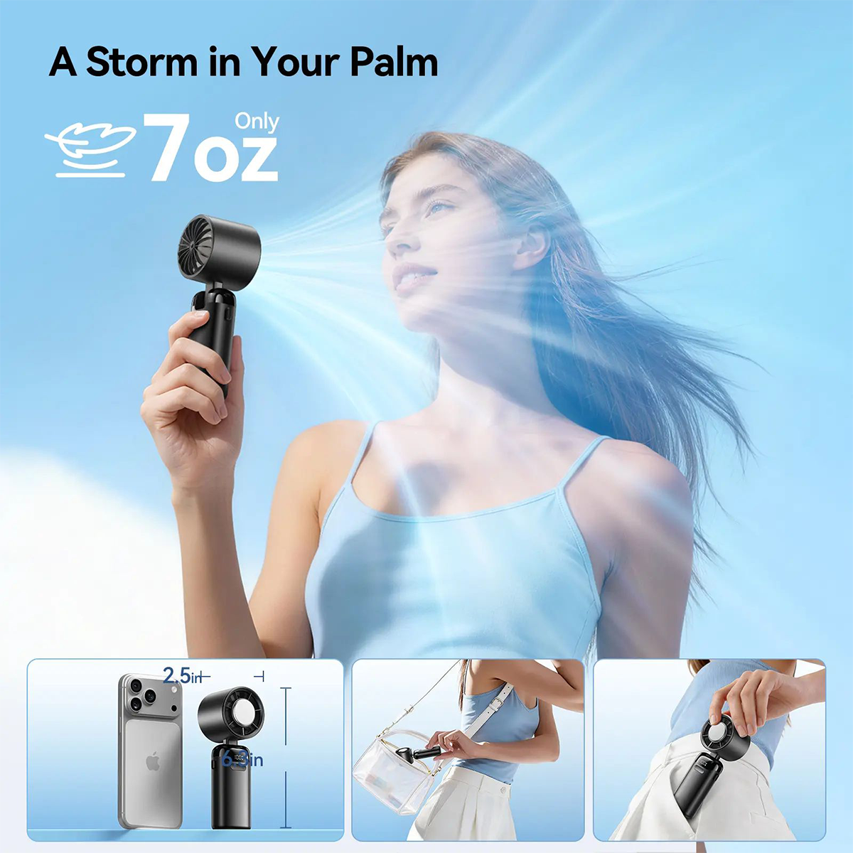 4-in-1 portable refrigeration handheld turbo fan, mini handheld personal fan.Suitable for travel, indoor use, and office desk usage