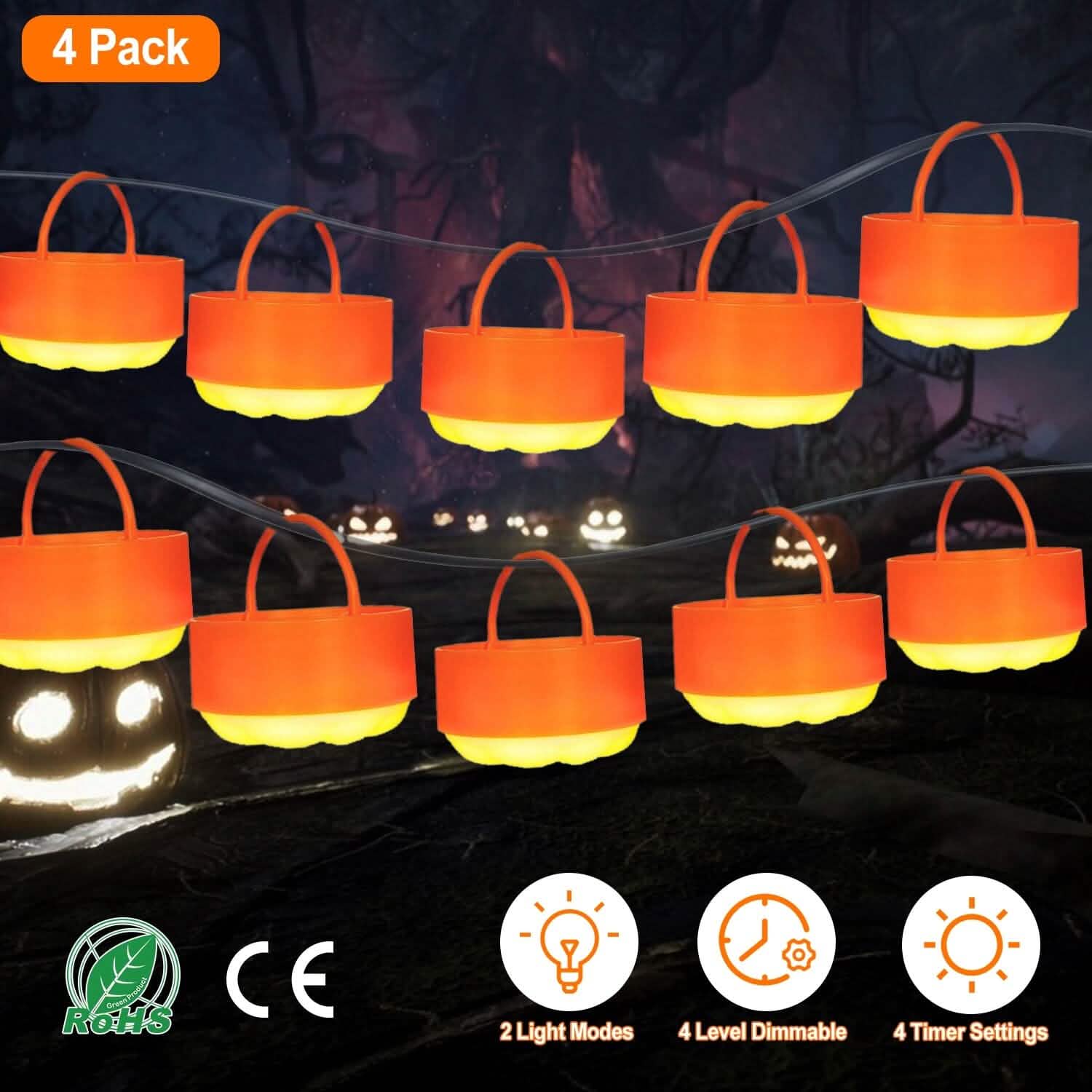 4-Pack: Halloween LED Pumpkin Lights Battery Operated with 2 Light Modes 4 Timer Setting