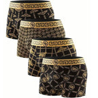 4-Pieces: Men's Luxury Black Golden Print Mid-Waist Boxer Brief