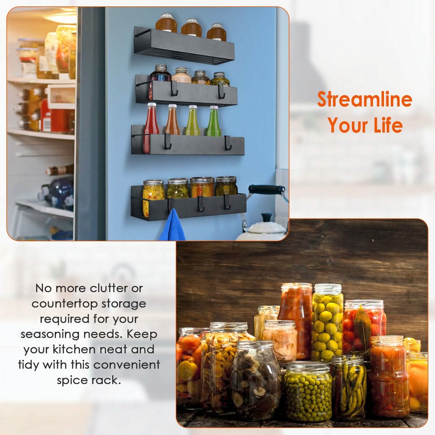4-Pieces: Spice Rack Strong Magnetic Seasoning Storage Shelf with 8 Removable Hooks