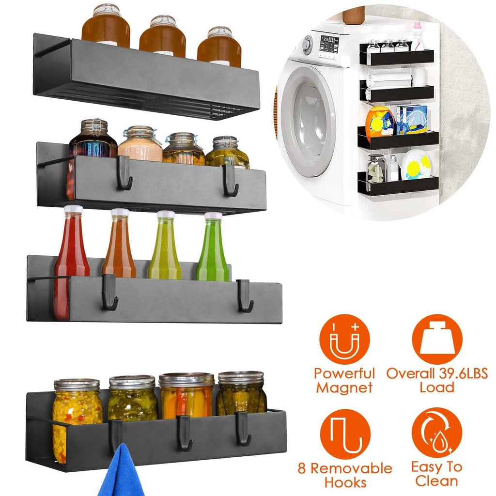 4-Pieces: Spice Rack Strong Magnetic Seasoning Storage Shelf with 8 Removable Hooks