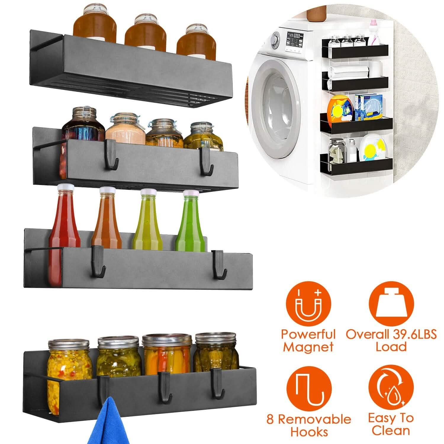 4-Pieces: Spice Rack Strong Magnetic Seasoning Storage Shelf with 8 Removable Hooks