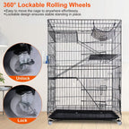 4-Tier Cat Cage with 360° Lockable Wheels, 3 Doors, 3 Ladders and 1 Hammock